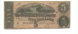 Genuine  Confederate $5 bill dated 1864  CSA