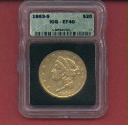 Genuine 1863-S Liberty US Coin $20 gold piece