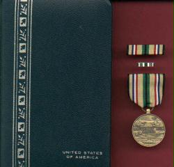 Desert Storm Shield Service Medal aka Southwest Asia Service medal in case with ribbon bar and lapel pin