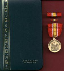 National Defense Service medal in case with ribbon bar and pin