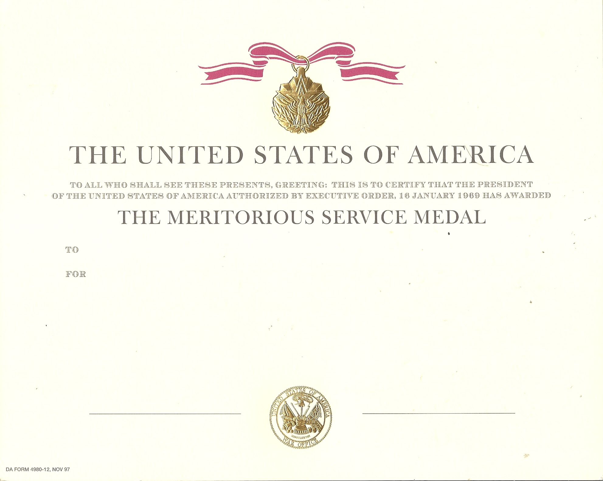 Genuine Army Meritorious Service medal Award Certificate DA Form 4980 12