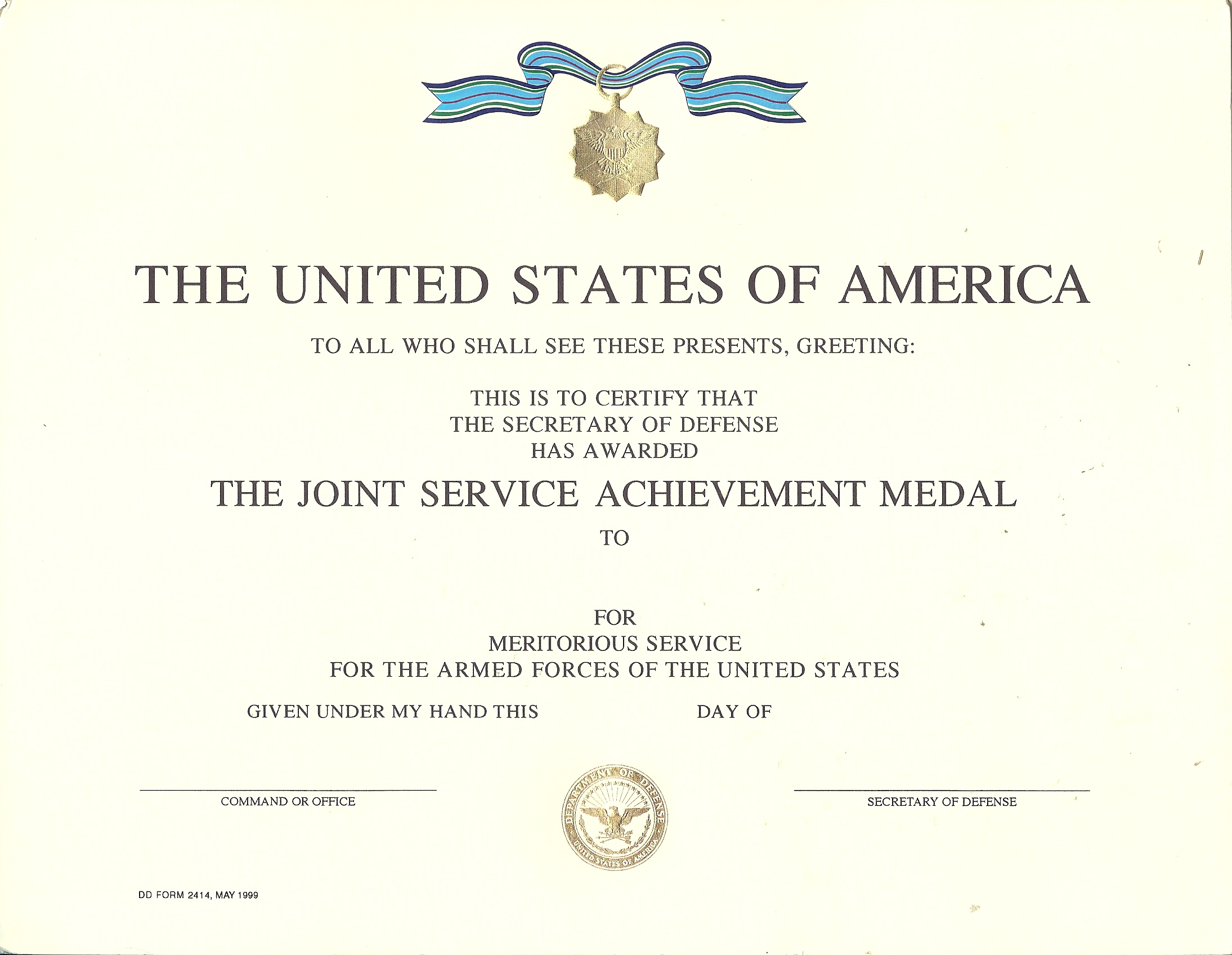 Genuine Joint Service Achievement Award Medal Certificate With Regard To Army Certificate Of Achievement Template
