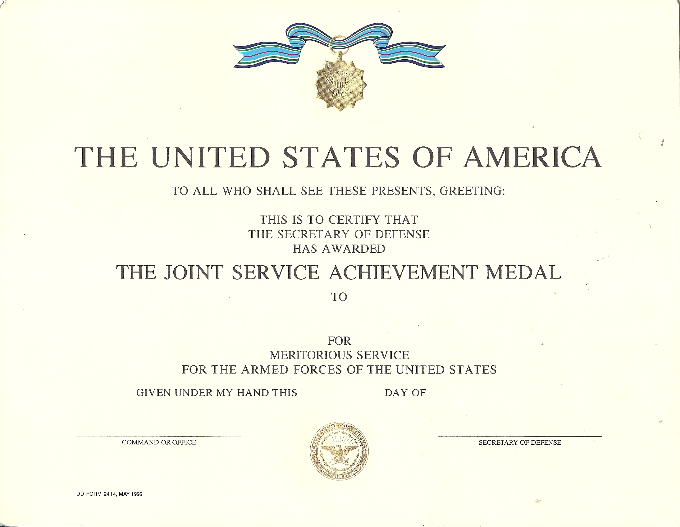 Genuine Joint Service Achievement Award Medal Certificate Inside Certificate Of Achievement Army Template