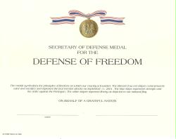 Secretary of Defense medal for the Defense of Freedom Certificate