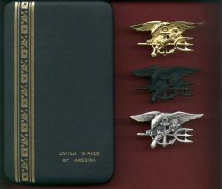 Set of Three Genuine Navy Seal Badges Tridents in case
